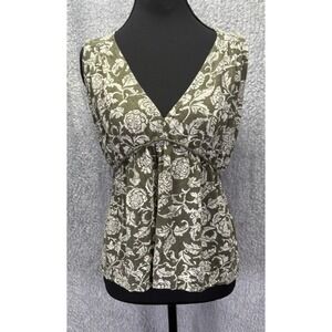 Lucky Brand Floral Print Sleeveless Top Green White V Neck S